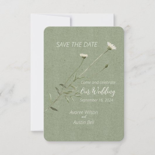 Sage Green und One Single Daisy Save The Date (Vorderseite)