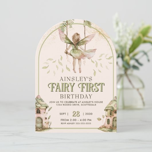 Sage Green und Pink Fairy Erster Arch 1. Geburtsta Einladung (Stehend Vorderseite)