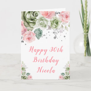 Sage Green und Pink Floral Happy Birthday Karte