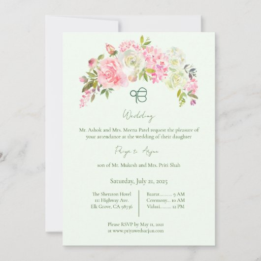 Sage Green und Pink Floral Sikh Ik Onkar Hochzeit Einladung (Vorderseite)