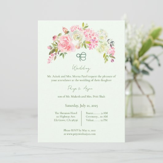 Sage Green und Pink Floral Sikh Ik Onkar Hochzeit Einladung (Stehend Vorderseite)