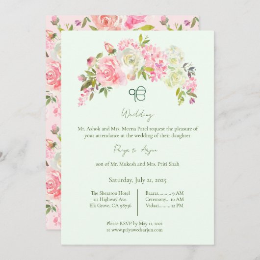 Sage Green und Pink Floral Sikh Ik Onkar Hochzeit Einladung (Vorne/Hinten)