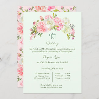 Sage Green und Pink Floral Sikh Ik Onkar Hochzeit Einladung
