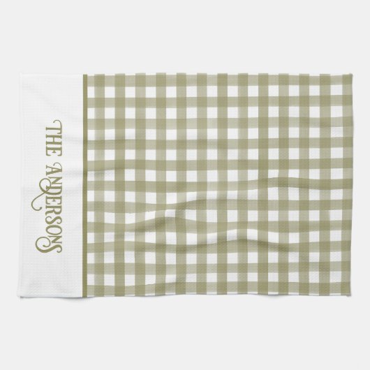 Sage Green und White Gingham Kariert Personalisier Geschirrtuch (Horizontal)