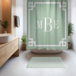 Sage Green und White Griechisch Key | MIT MONOGRAM Duschvorhang