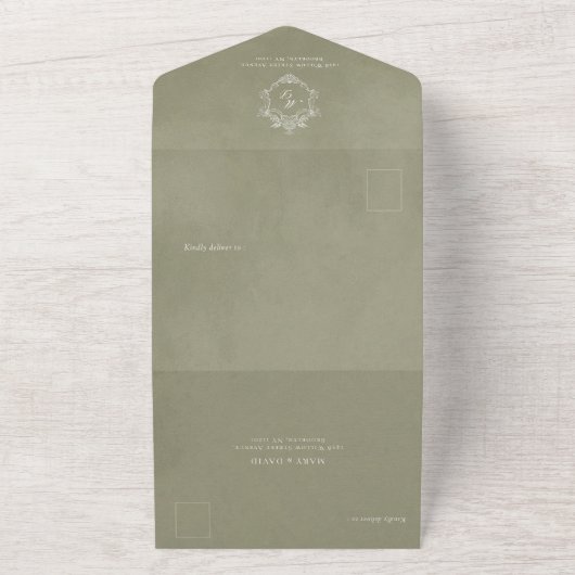 Sage Green Velvet Elegant Baroque Frame Wedding All In One Einladung (Außenbereich)