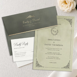 Sage Green Velvet Laurel Wreath Minimalist Wedding Einladung