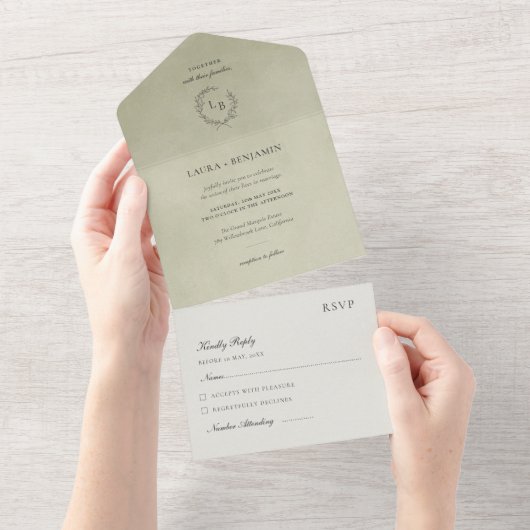 Sage Green Velvet, Laurel Wreath Wedding All In One Einladung (Abreißtisch)
