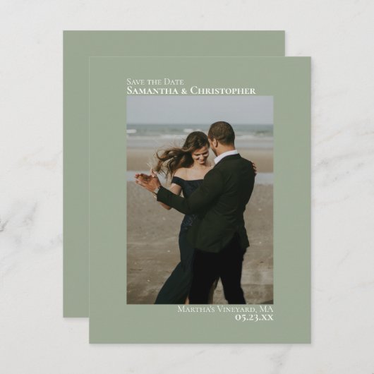 Sage Green Vertikal Foto Minimalistisch Hochzeit Save The Date (Vorne/Hinten)