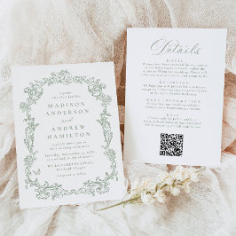 Sage Green Victorian Floral All in One Wedding Einladung
