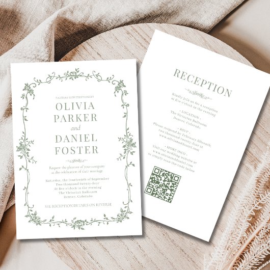 Sage Green Victorian QR Code All in One Wedding  Einladung
