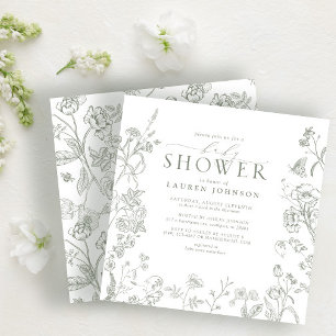 Sage Green Viktorianisch Elegant Floral Baby Dusch Einladung