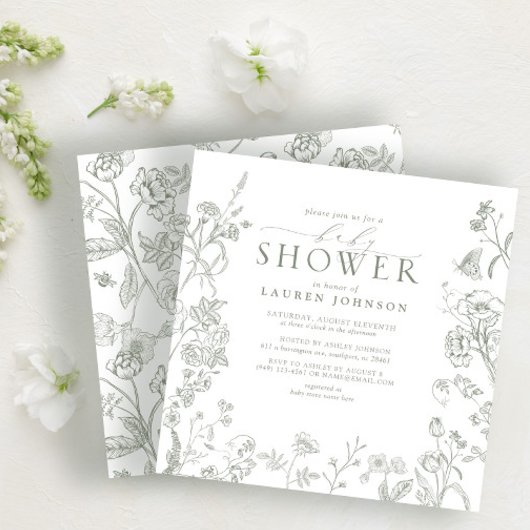 Sage Green Viktorianisch Elegant Floral Baby Dusch Einladung