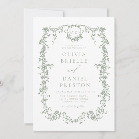 Sage Green Viktorianisch QR Code in einer Hochzeit Einladung (Vorderseite)