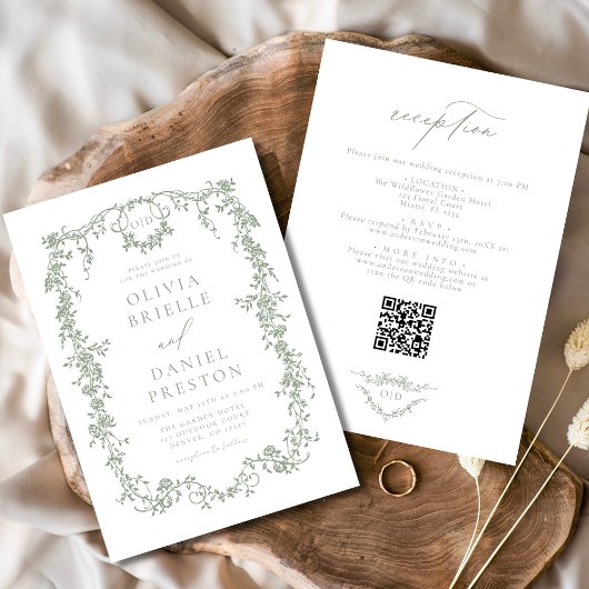 Sage Green Viktorianisch QR Code in einer Hochzeit Einladung