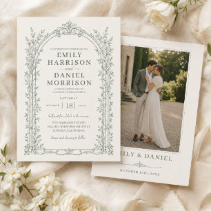 Sage Green viktorianische Vintage-Foto-Hochzeit Einladung