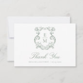 Sage Green Vintag Baroque Monogram Wappen Wedding Dankeskarte (Vorderseite)