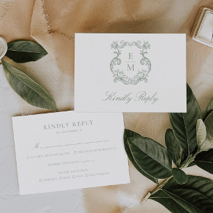 Sage Green Vintag Baroque Monogram Wappen Wedding RSVP Karte