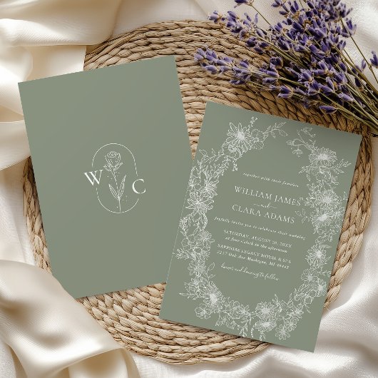 Sage Green Vintag Floral Botanical Wedding Einladung