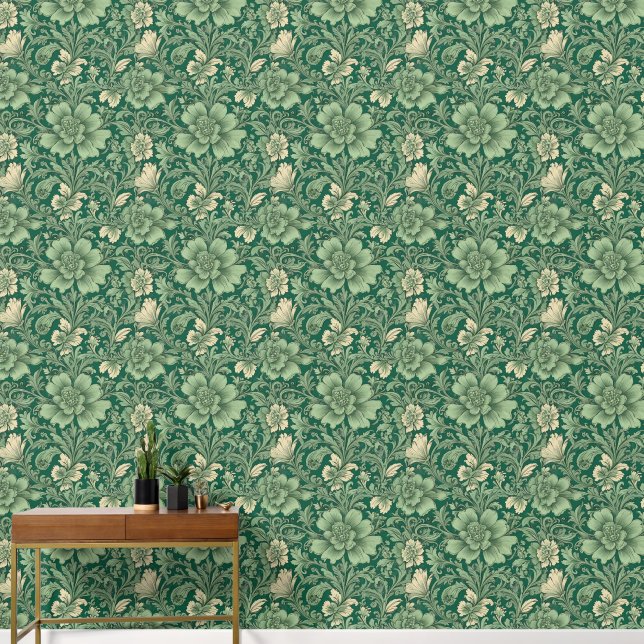 Sage Green Vintag Floral Muster Tapete (Hausflur)
