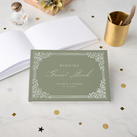 Sage Green Vintag Frame Elegante Script Hochzeit Gästebuch (Vorderseite Offen)