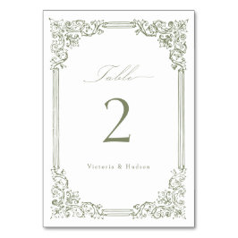 Sage Green Vintag Frame Elegante Script Hochzeit Tischnummer