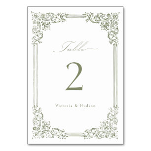 Sage Green Vintag Frame Elegante Script Hochzeit Tischnummer
