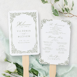Sage Green Vintag Frame Elegantes Hochzeitsprogram Fächer