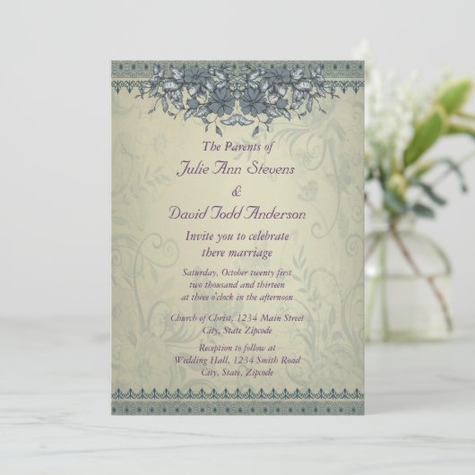 Sage Green Vintag Lace Wedding Einladung (Stehend Vorderseite)