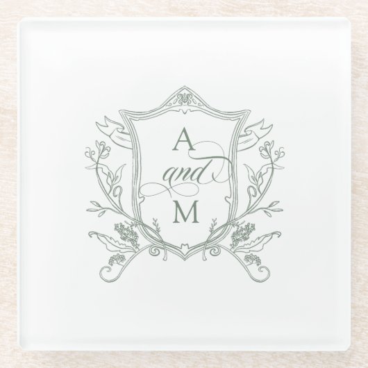 Sage Green Vintag Wappen Hochzeit Glasuntersetzer (Vorderseite)