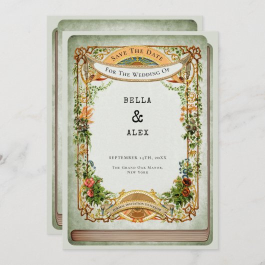 Sage Green Vintage Bibliothek Save The Date (Vorne/Hinten)