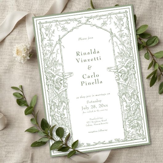 Sage Green Vintage Botanical Trellis Arch Wedding Einladung