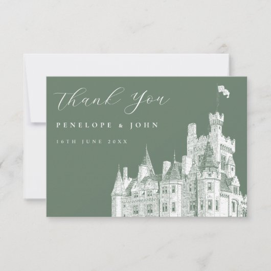 Sage Green Vintage Castle Destination Wedding Dankeskarte (Vorderseite)