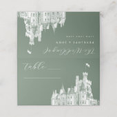 Sage Green Vintage Castle Illustration Wedding Platzkarte (Außenseite Aufgefaltet)