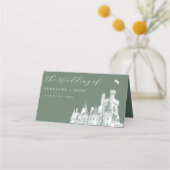 Sage Green Vintage Castle Illustration Wedding Platzkarte (Rückseite)