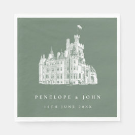 Sage Green Vintage Castle Illustration Wedding Serviette