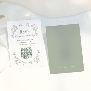 Sage Green Vintage Florales QR Spanische Hochzeit  Begleitkarte