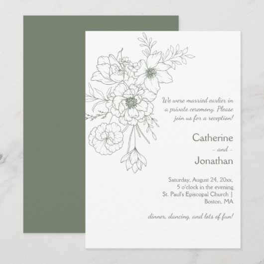 Sage Green Vintage Line Drawn Bouquet Reception Einladung (Vorne/Hinten)