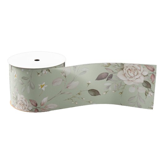 Sage Green Vintage Rose Floral  Ripsband (Spule)
