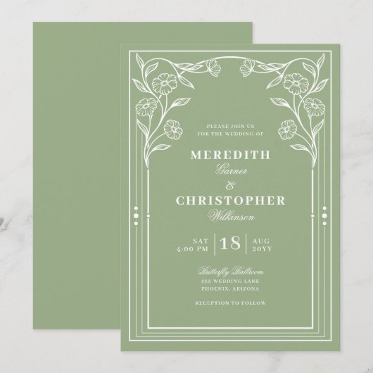 Sage Green Vintage Wedding Einladung (Vorne/Hinten)