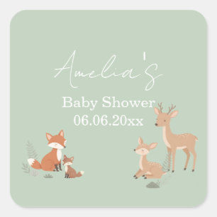 Sage Green Waldtier-Baby-Party  Quadratischer Aufkleber