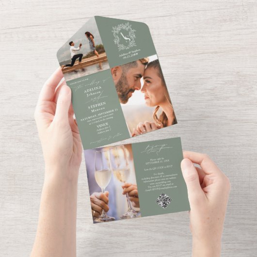 Sage Green Wappen Monogram 3 Foto QR Code Hochzeit All In One Einladung (Abreißen)