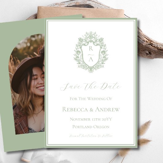 Sage Green Wappen Monogram & Foto Save The Date
