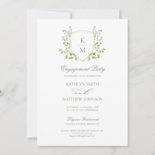 Sage Green Wappen Monogram Modern Engagement Party Einladung (Vorderseite)