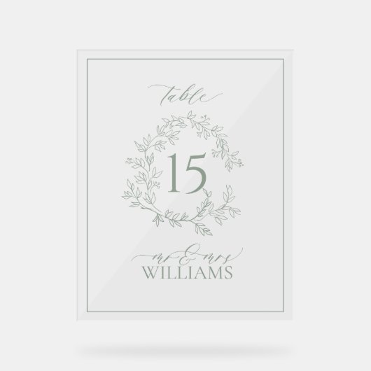 Sage Green Wappen Monogram Wedding Tischnummer Acrylschild (Vorderseite)