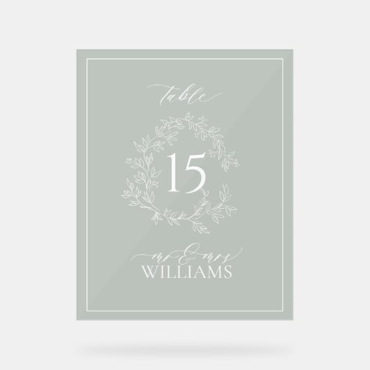 Sage Green Wappen Monogram Wedding Tischnummer Acrylschild (Vorderseite)