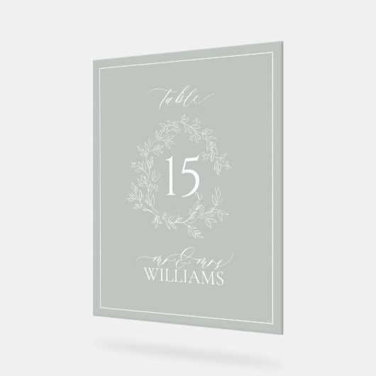 Sage Green Wappen Monogram Wedding Tischnummer Acrylschild (Winkel)