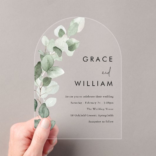 Sage Green Watercolor Blätter Moderne Hochzeiten Acryleinladungen (Insitu (Handheld))