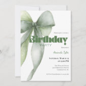 Sage Green Watercolor Bow Birthday  Einladung (Vorderseite)