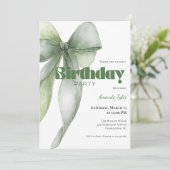 Sage Green Watercolor Bow Birthday  Einladung (Stehend Vorderseite)